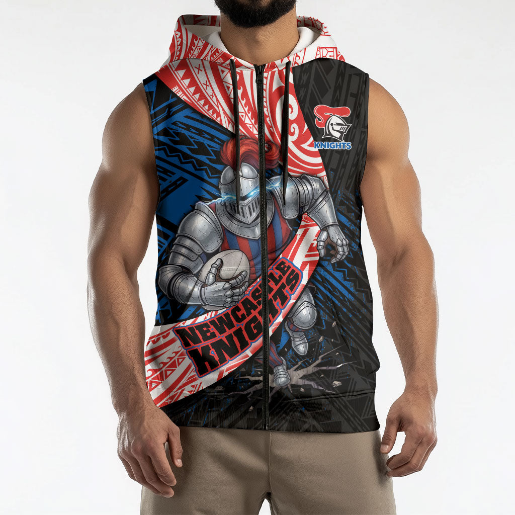 Newcastle Knights Rugby Sleeveless Zip Hoodie Tribal Polynesian Power Art - Lightning Mascot