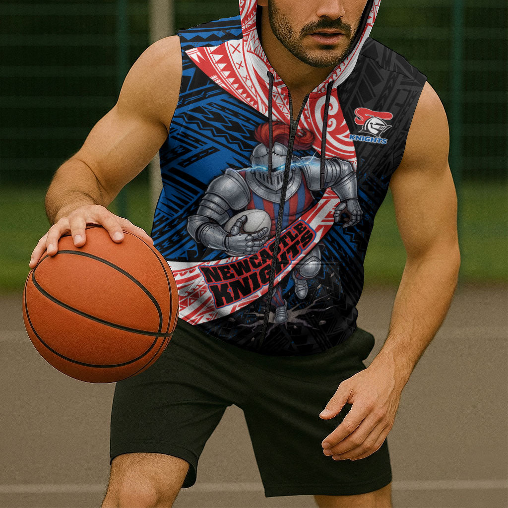 Newcastle Knights Rugby Sleeveless Zip Hoodie Tribal Polynesian Power Art - Lightning Mascot