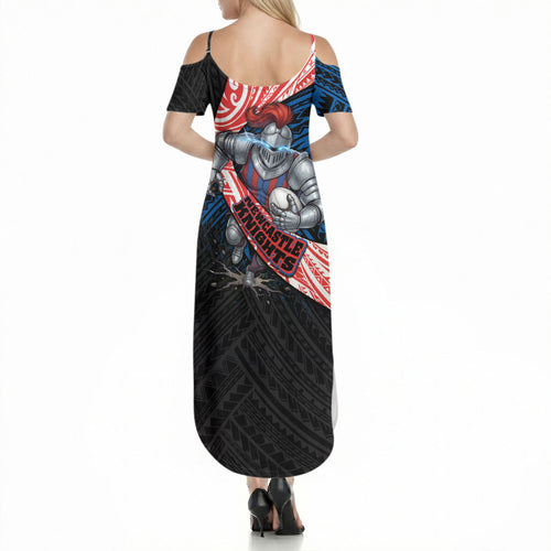Newcastle Knights Rugby Summer Maxi Dress Tribal Polynesian Power Art - Lightning Mascot