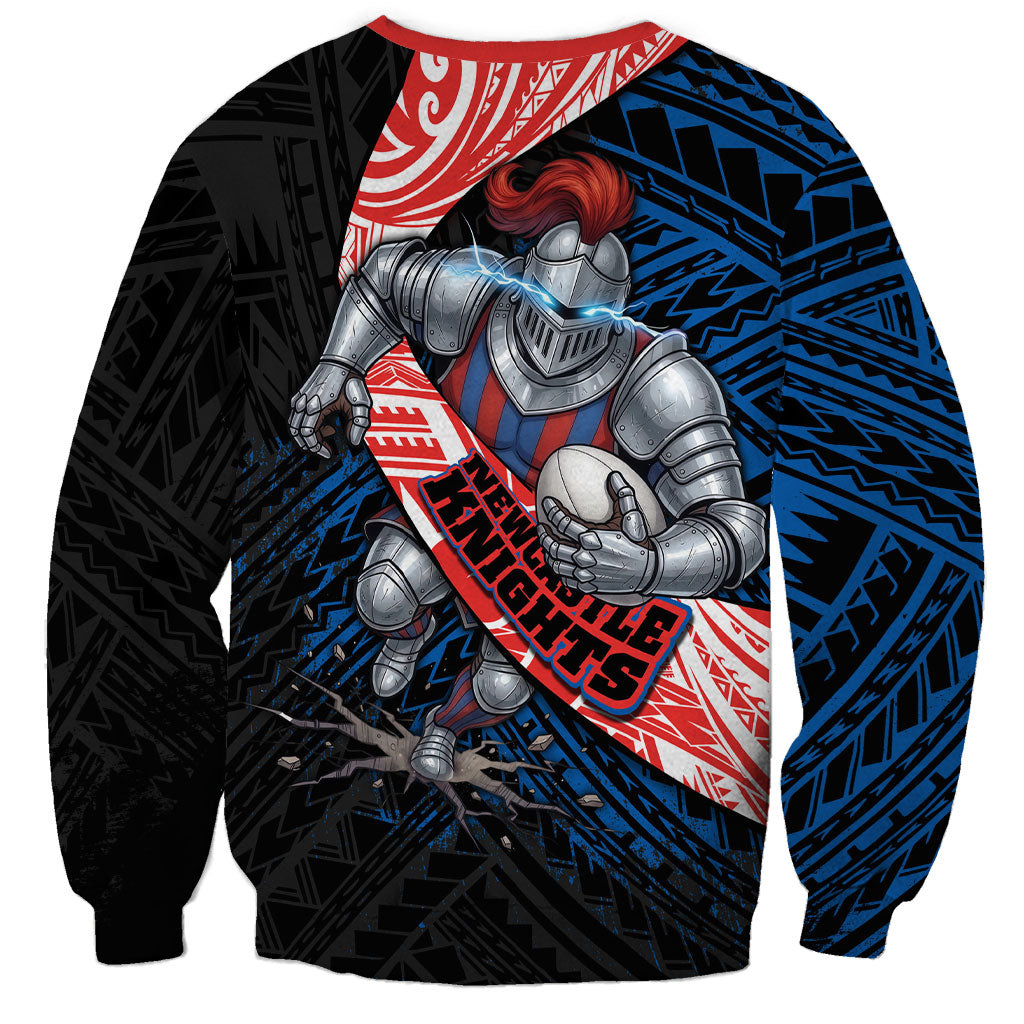 Newcastle Knights Rugby Sweatshirt Tribal Polynesian Power Art - Lightning Mascot