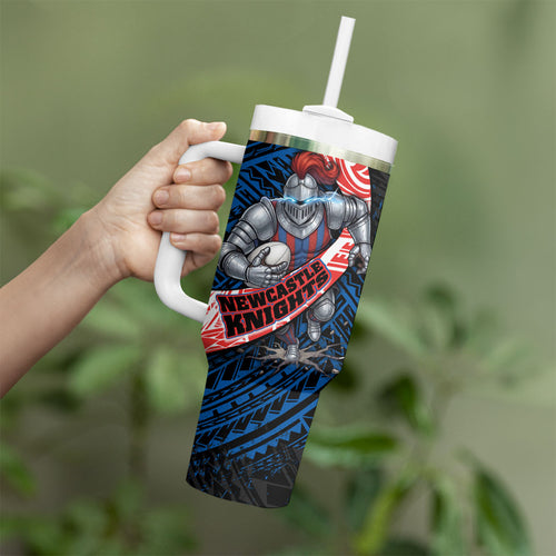 Newcastle Knights Rugby Tumbler With Handle Tribal Polynesian Power Art - Lightning Mascot
