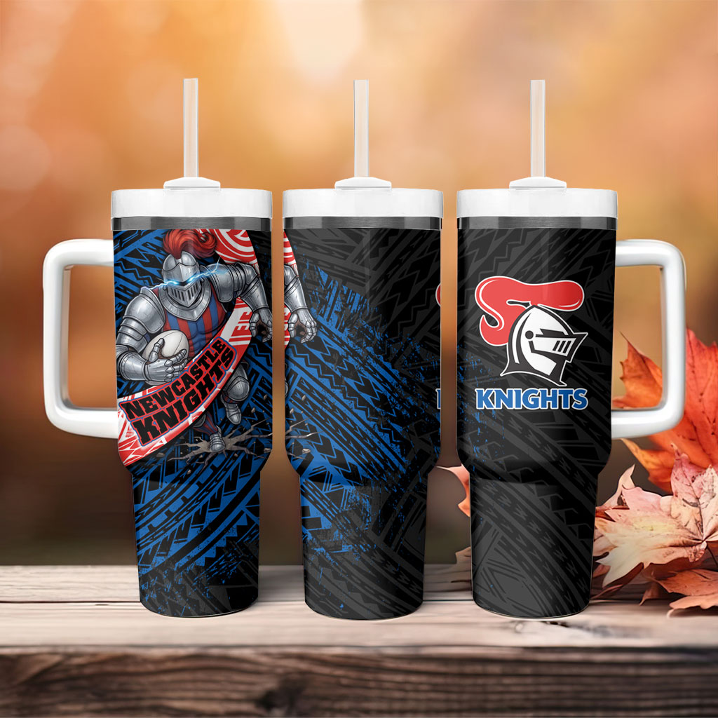 Newcastle Knights Rugby Tumbler With Handle Tribal Polynesian Power Art - Lightning Mascot