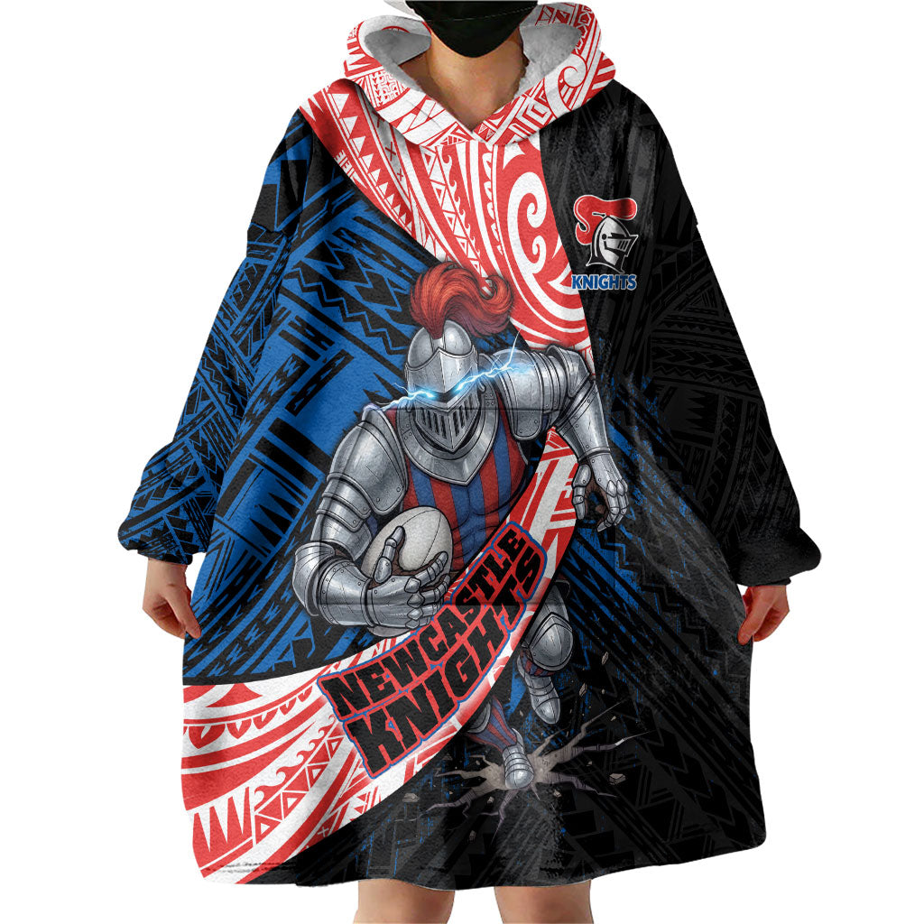 Newcastle Knights Rugby Wearable Blanket Hoodie Tribal Polynesian Power Art - Lightning Mascot