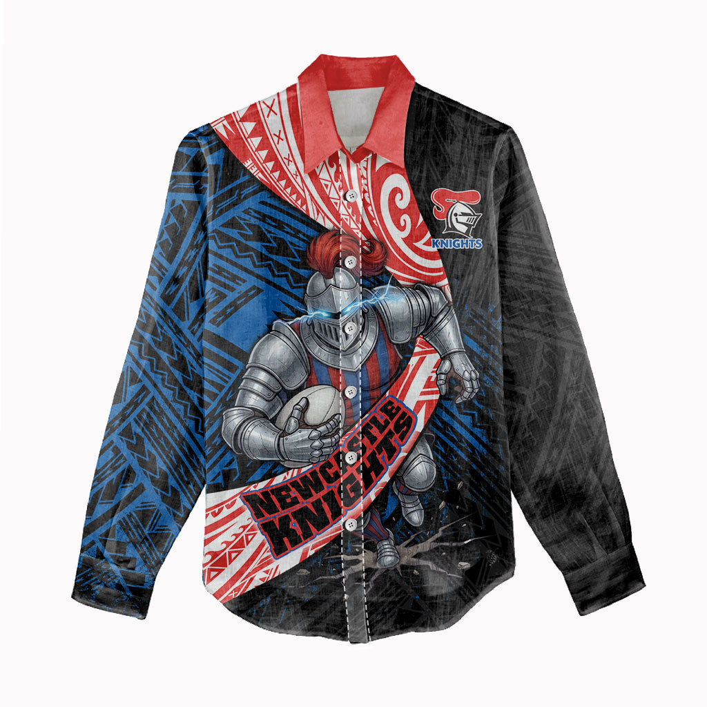 Newcastle Knights Rugby Women Casual Shirt Tribal Polynesian Power Art - Lightning Mascot