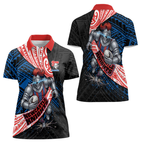 Newcastle Knights Rugby Women Polo Shirt Tribal Polynesian Power Art - Lightning Mascot