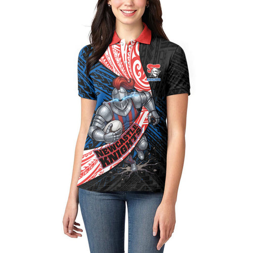 Newcastle Knights Rugby Women Polo Shirt Tribal Polynesian Power Art - Lightning Mascot