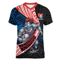Newcastle Knights Rugby Women V-Neck T-Shirt Tribal Polynesian Power Art - Lightning Mascot