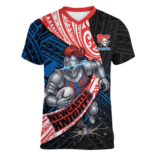 Newcastle Knights Rugby Women V-Neck T-Shirt Tribal Polynesian Power Art - Lightning Mascot