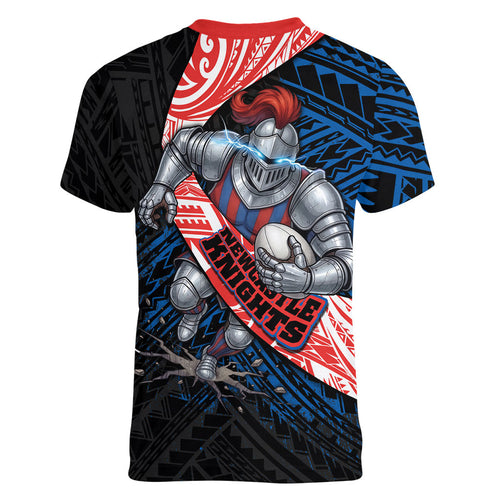 Newcastle Knights Rugby Women V-Neck T-Shirt Tribal Polynesian Power Art - Lightning Mascot