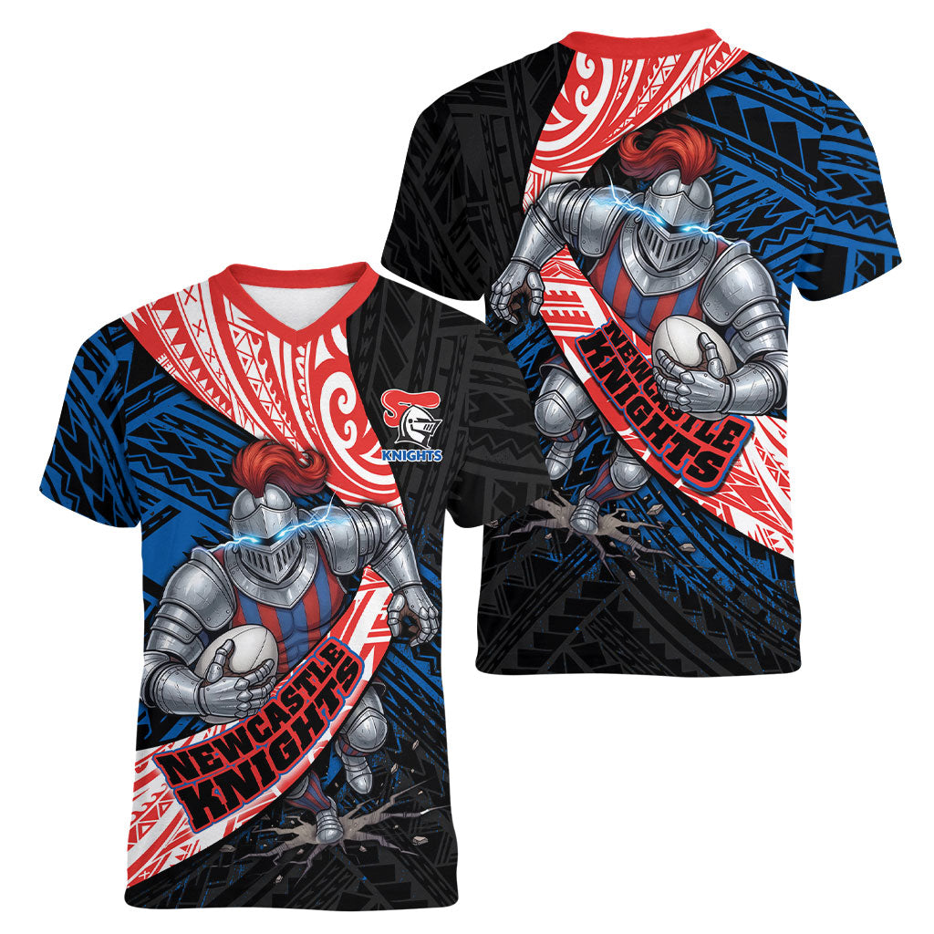 Newcastle Knights Rugby Women V-Neck T-Shirt Tribal Polynesian Power Art - Lightning Mascot