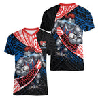 Newcastle Knights Rugby Women V-Neck T-Shirt Tribal Polynesian Power Art - Lightning Mascot