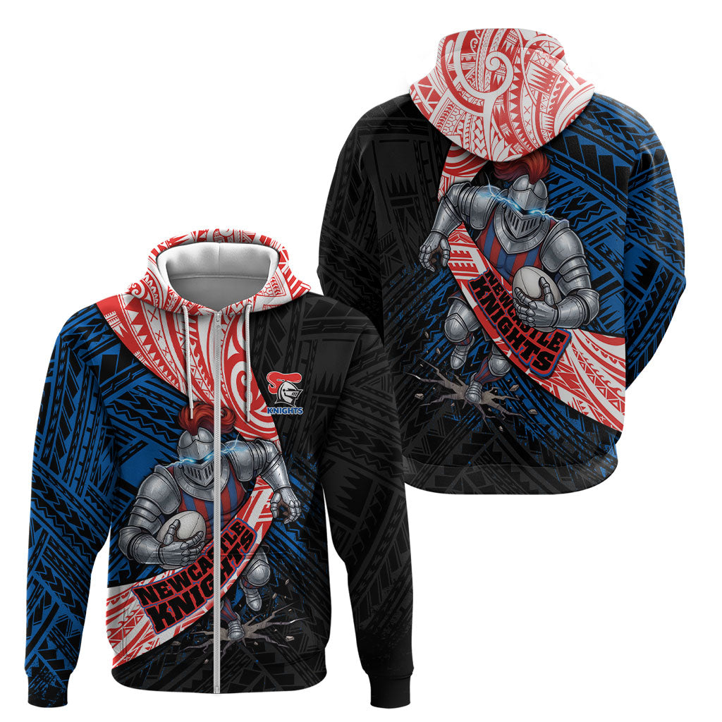 Newcastle Knights Rugby Zip Hoodie Tribal Polynesian Power Art - Lightning Mascot