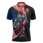 Newcastle Knights Rugby Zipper Polo Shirt Tribal Polynesian Power Art - Lightning Mascot