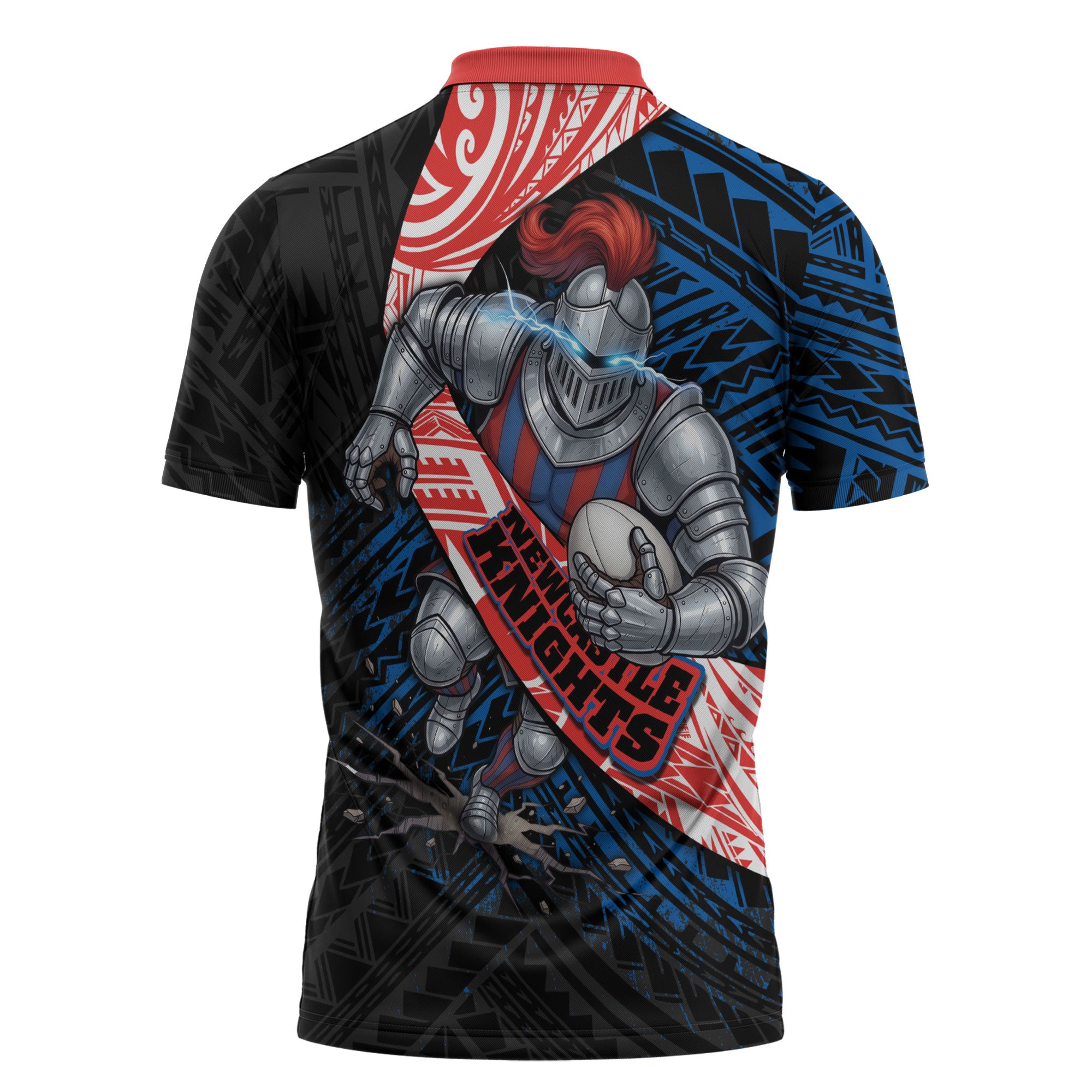 Newcastle Knights Rugby Zipper Polo Shirt Tribal Polynesian Power Art - Lightning Mascot