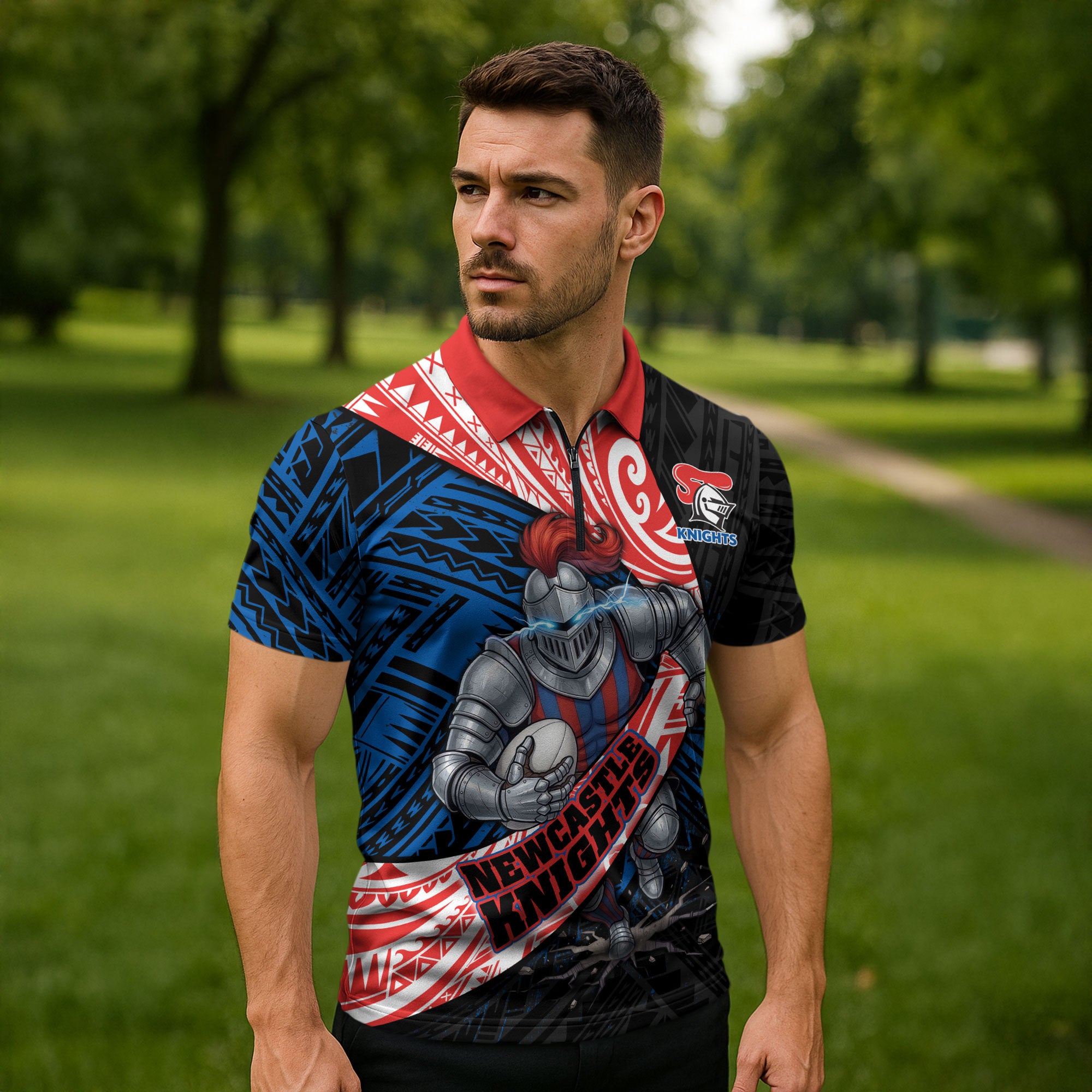 Newcastle Knights Rugby Zipper Polo Shirt Tribal Polynesian Power Art - Lightning Mascot