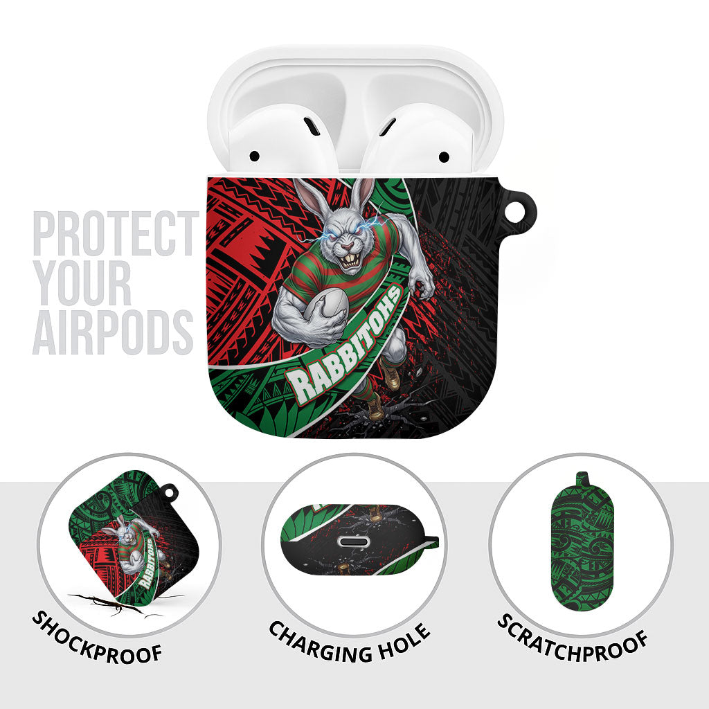South Sydney Rabbitohs Rugby AirPods Case Tribal Polynesian Power Art - Lightning Mascot