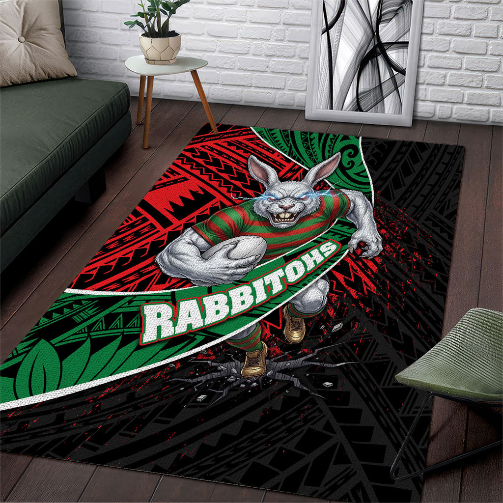 South Sydney Rabbitohs Rugby Area Rug Tribal Polynesian Power Art - Lightning Mascot