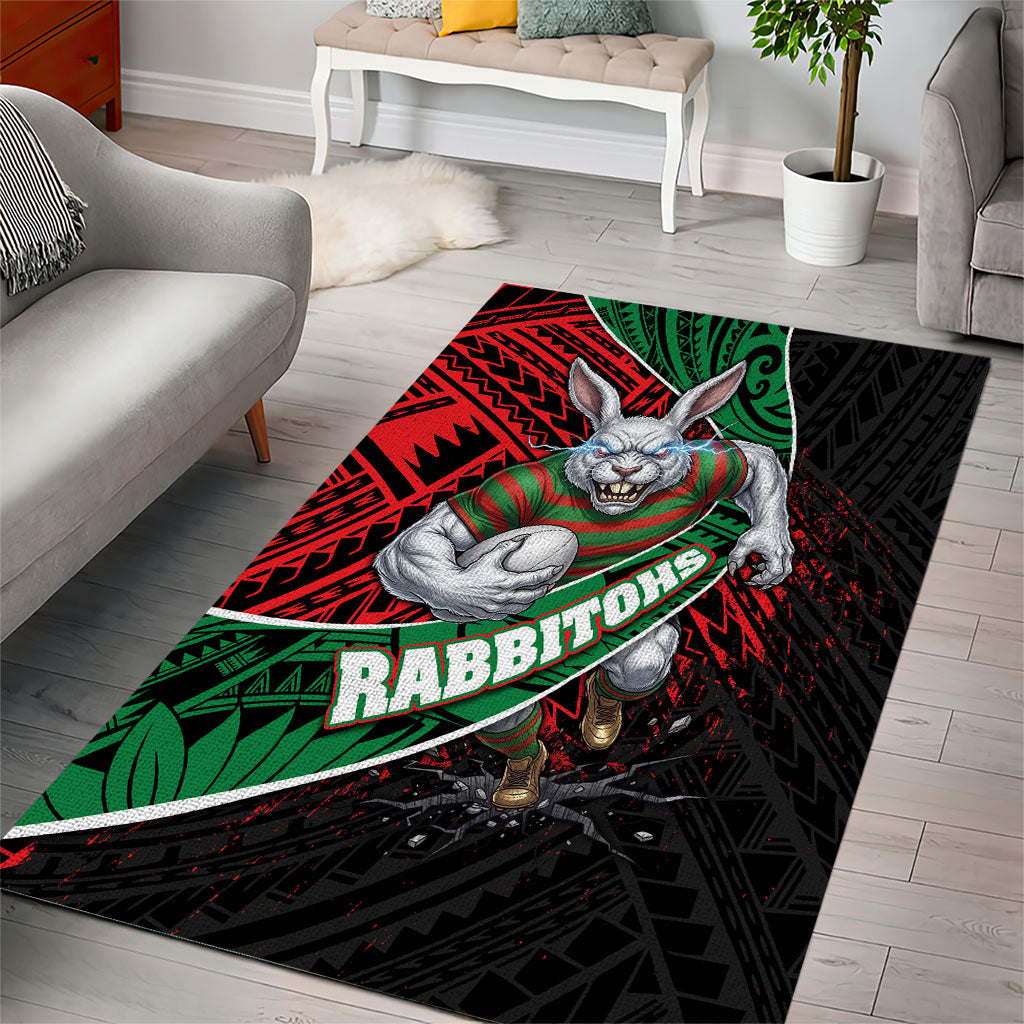 South Sydney Rabbitohs Rugby Area Rug Tribal Polynesian Power Art - Lightning Mascot