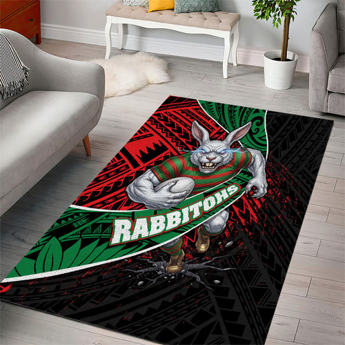 South Sydney Rabbitohs Rugby Area Rug Tribal Polynesian Power Art - Lightning Mascot
