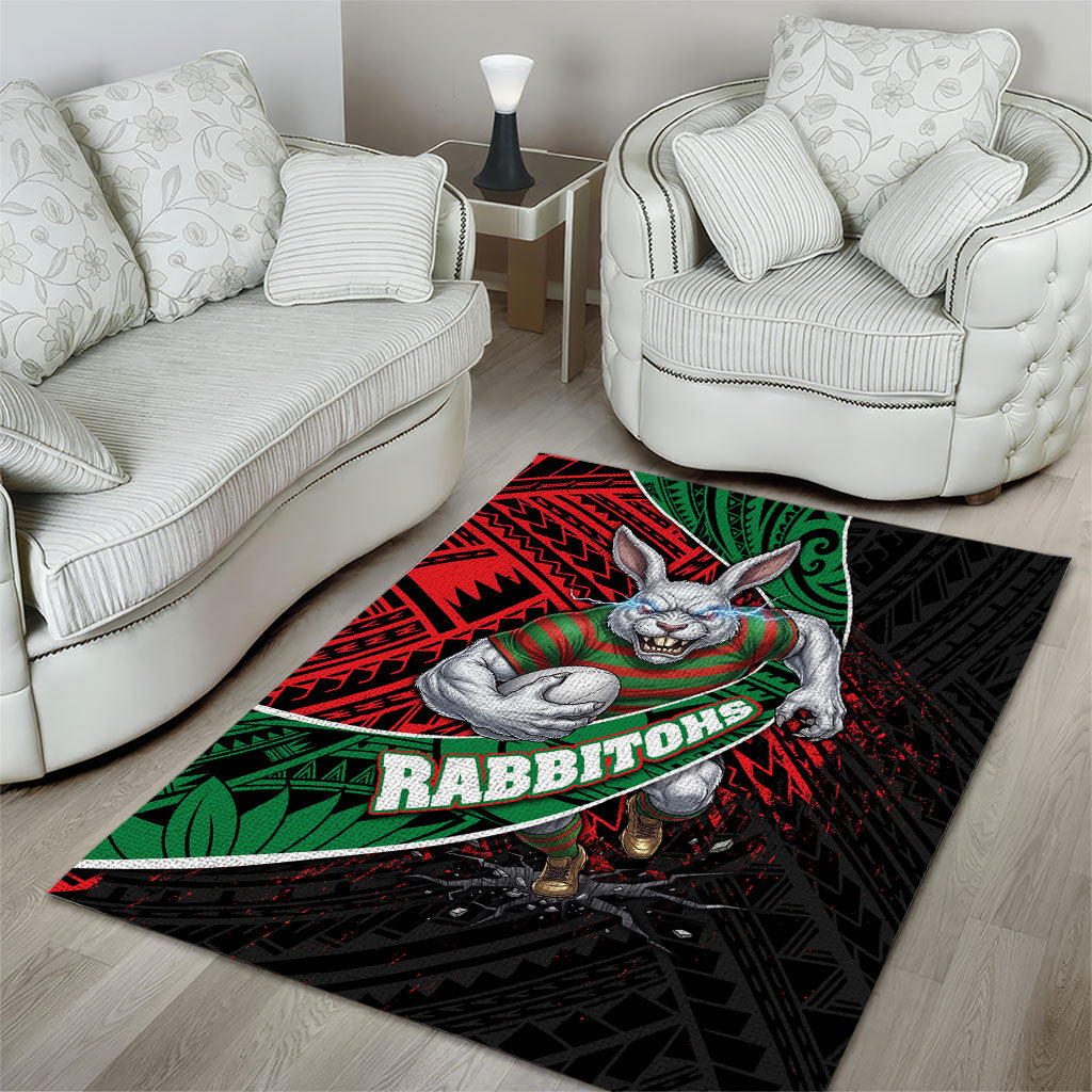 South Sydney Rabbitohs Rugby Area Rug Tribal Polynesian Power Art - Lightning Mascot