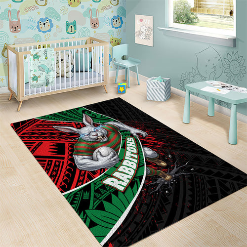 South Sydney Rabbitohs Rugby Area Rug Tribal Polynesian Power Art - Lightning Mascot