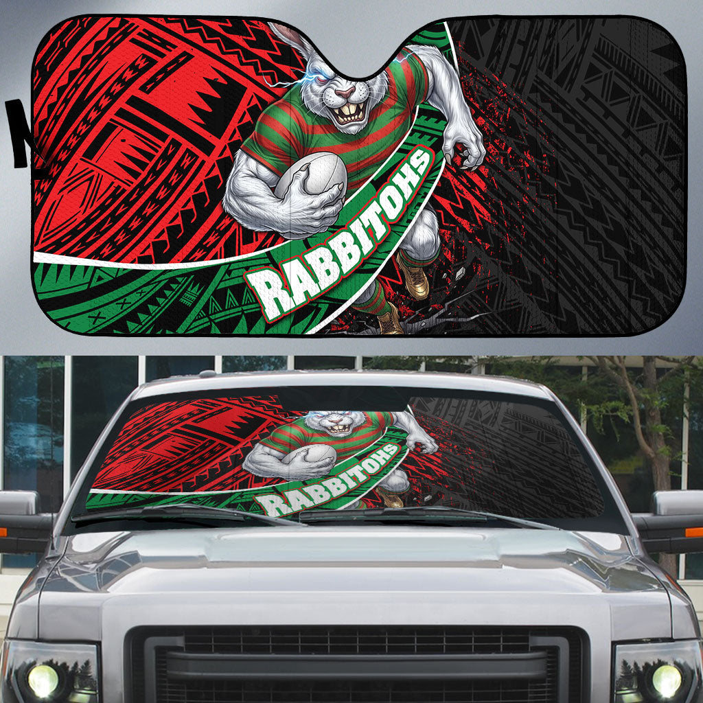 South Sydney Rabbitohs Rugby Auto Sun Shade Tribal Polynesian Power Art - Lightning Mascot