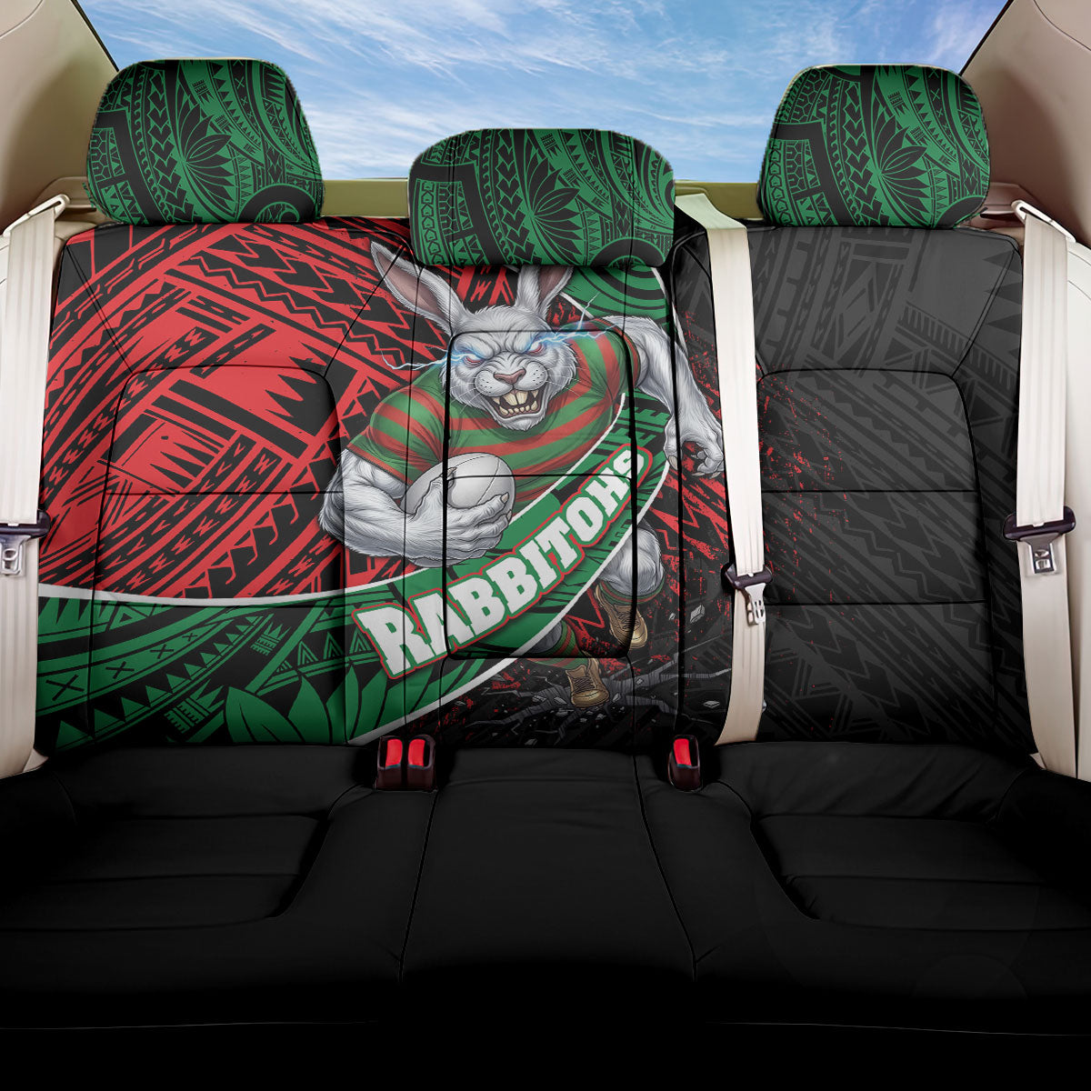 South Sydney Rabbitohs Rugby Back Car Seat Cover Tribal Polynesian Power Art - Lightning Mascot