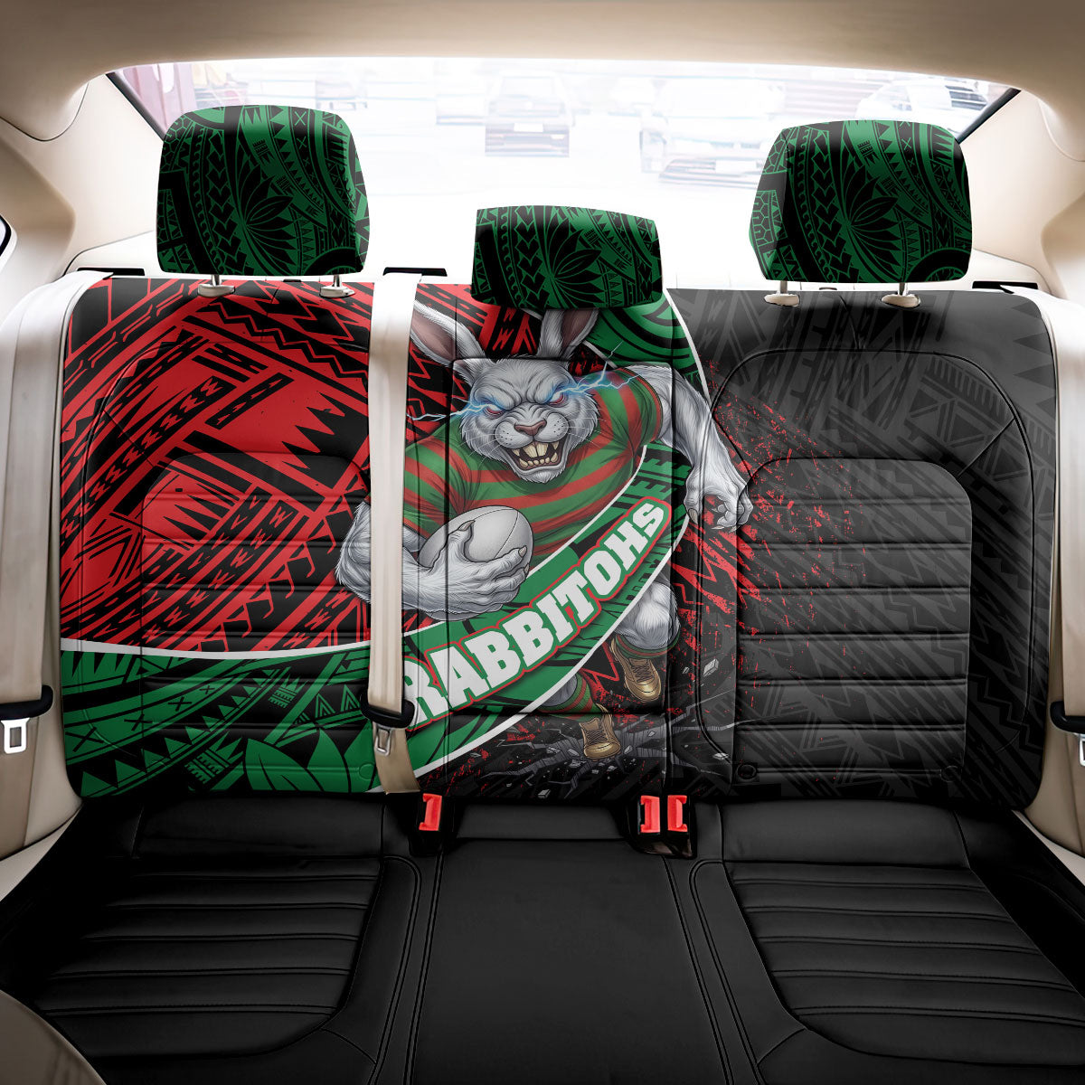 South Sydney Rabbitohs Rugby Back Car Seat Cover Tribal Polynesian Power Art - Lightning Mascot