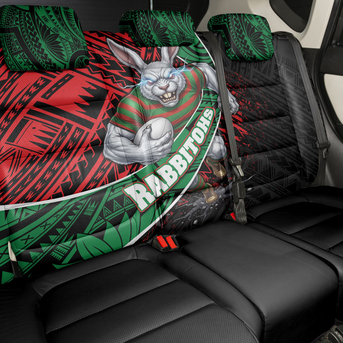 South Sydney Rabbitohs Rugby Back Car Seat Cover Tribal Polynesian Power Art - Lightning Mascot