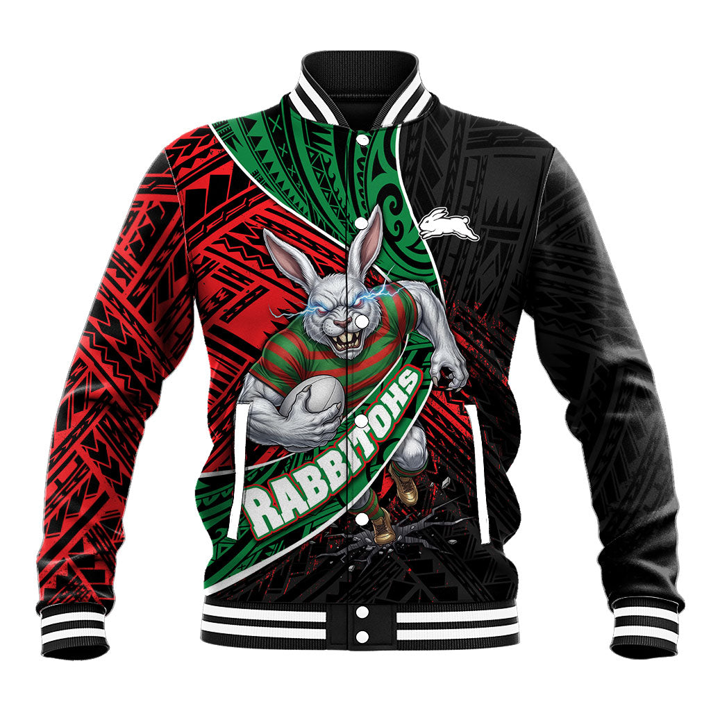 South Sydney Rabbitohs Rugby Baseball Jacket Tribal Polynesian Power Art - Lightning Mascot