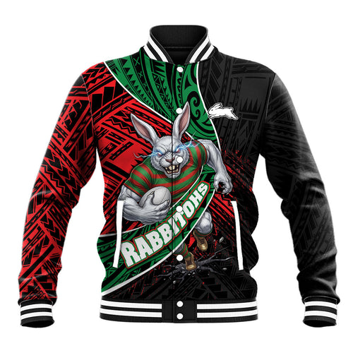 South Sydney Rabbitohs Rugby Baseball Jacket Tribal Polynesian Power Art - Lightning Mascot