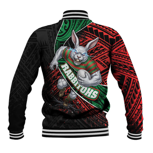 South Sydney Rabbitohs Rugby Baseball Jacket Tribal Polynesian Power Art - Lightning Mascot