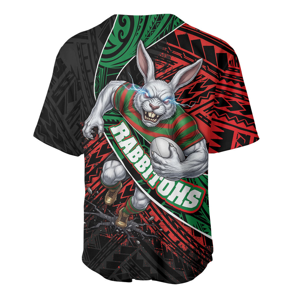 South Sydney Rabbitohs Rugby Baseball Jersey Tribal Polynesian Power Art - Lightning Mascot