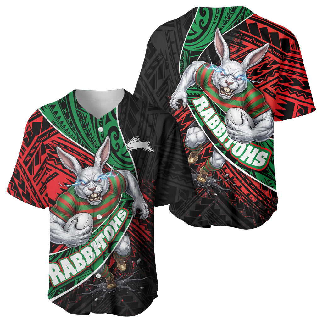South Sydney Rabbitohs Rugby Baseball Jersey Tribal Polynesian Power Art - Lightning Mascot