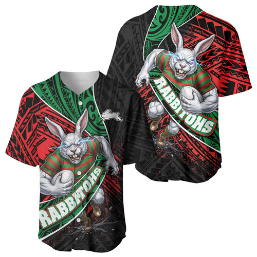 South Sydney Rabbitohs Rugby Baseball Jersey Tribal Polynesian Power Art - Lightning Mascot