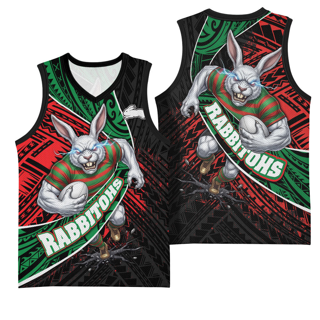 South Sydney Rabbitohs Rugby Basketball Jersey Tribal Polynesian Power Art - Lightning Mascot