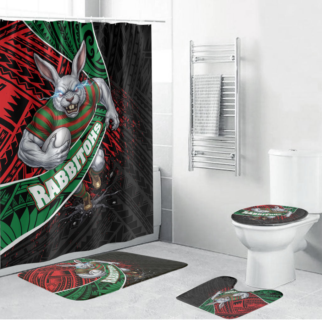 South Sydney Rabbitohs Rugby Bathroom Set Tribal Polynesian Power Art - Lightning Mascot