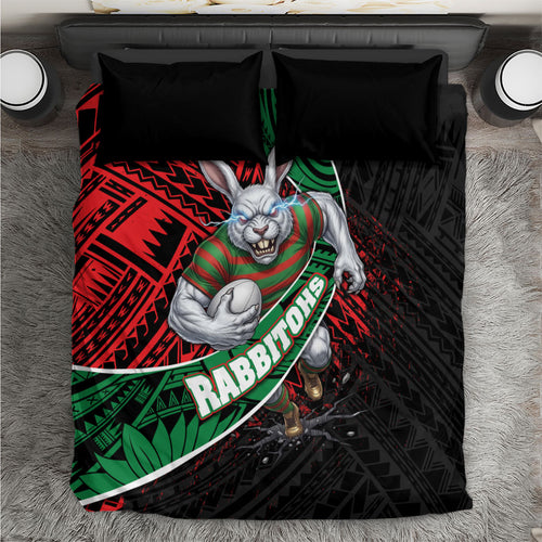 South Sydney Rabbitohs Rugby Bedding Set Tribal Polynesian Power Art - Lightning Mascot