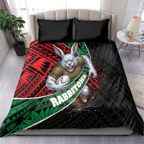 South Sydney Rabbitohs Rugby Bedding Set Tribal Polynesian Power Art - Lightning Mascot