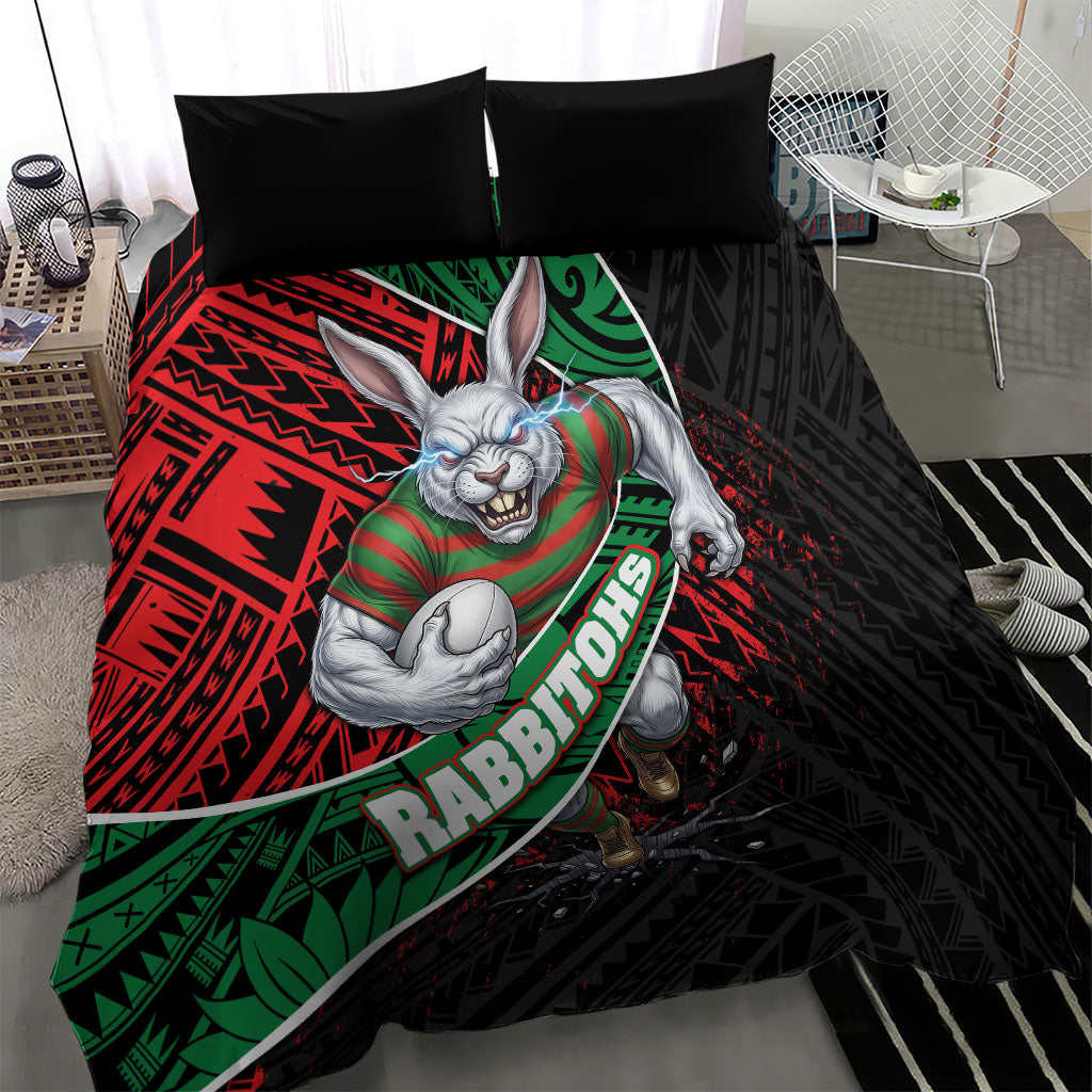 South Sydney Rabbitohs Rugby Bedding Set Tribal Polynesian Power Art - Lightning Mascot