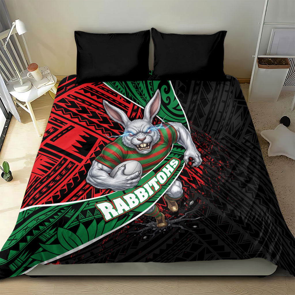 South Sydney Rabbitohs Rugby Bedding Set Tribal Polynesian Power Art - Lightning Mascot