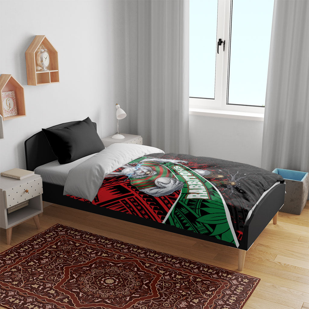 South Sydney Rabbitohs Rugby Bedding Set Tribal Polynesian Power Art - Lightning Mascot