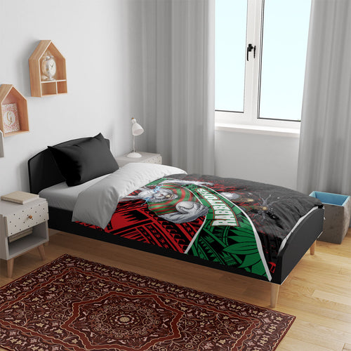 South Sydney Rabbitohs Rugby Bedding Set Tribal Polynesian Power Art - Lightning Mascot