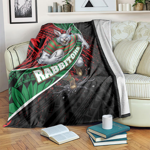 South Sydney Rabbitohs Rugby Blanket Tribal Polynesian Power Art - Lightning Mascot