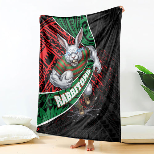 South Sydney Rabbitohs Rugby Blanket Tribal Polynesian Power Art - Lightning Mascot