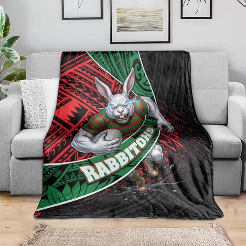 South Sydney Rabbitohs Rugby Blanket Tribal Polynesian Power Art - Lightning Mascot