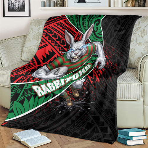 South Sydney Rabbitohs Rugby Blanket Tribal Polynesian Power Art - Lightning Mascot