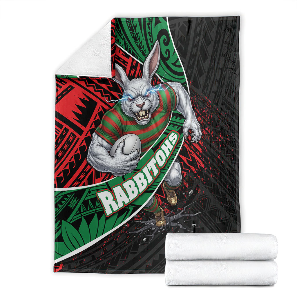 South Sydney Rabbitohs Rugby Blanket Tribal Polynesian Power Art - Lightning Mascot