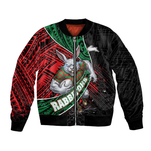 South Sydney Rabbitohs Rugby Bomber Jacket Tribal Polynesian Power Art - Lightning Mascot