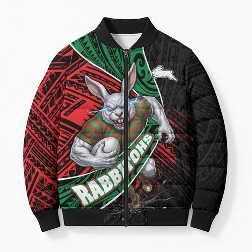 South Sydney Rabbitohs Rugby Bomber Puffer Jacket Tribal Polynesian Power Art - Lightning Mascot